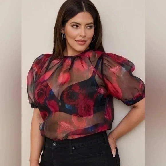 Torrid | Black Red Roses Floral Sheer Organza Puff Sleeve Top Size Medium M 00 - Picture 1 of 6